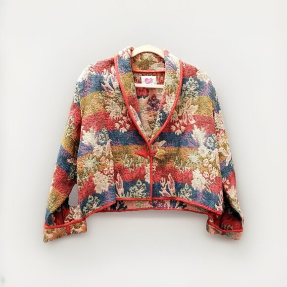 Keren Hart Vtg Multi Color Tapestry Woven Button Cropped Jacket PTP 22 Sz L - Picture 2 of 8